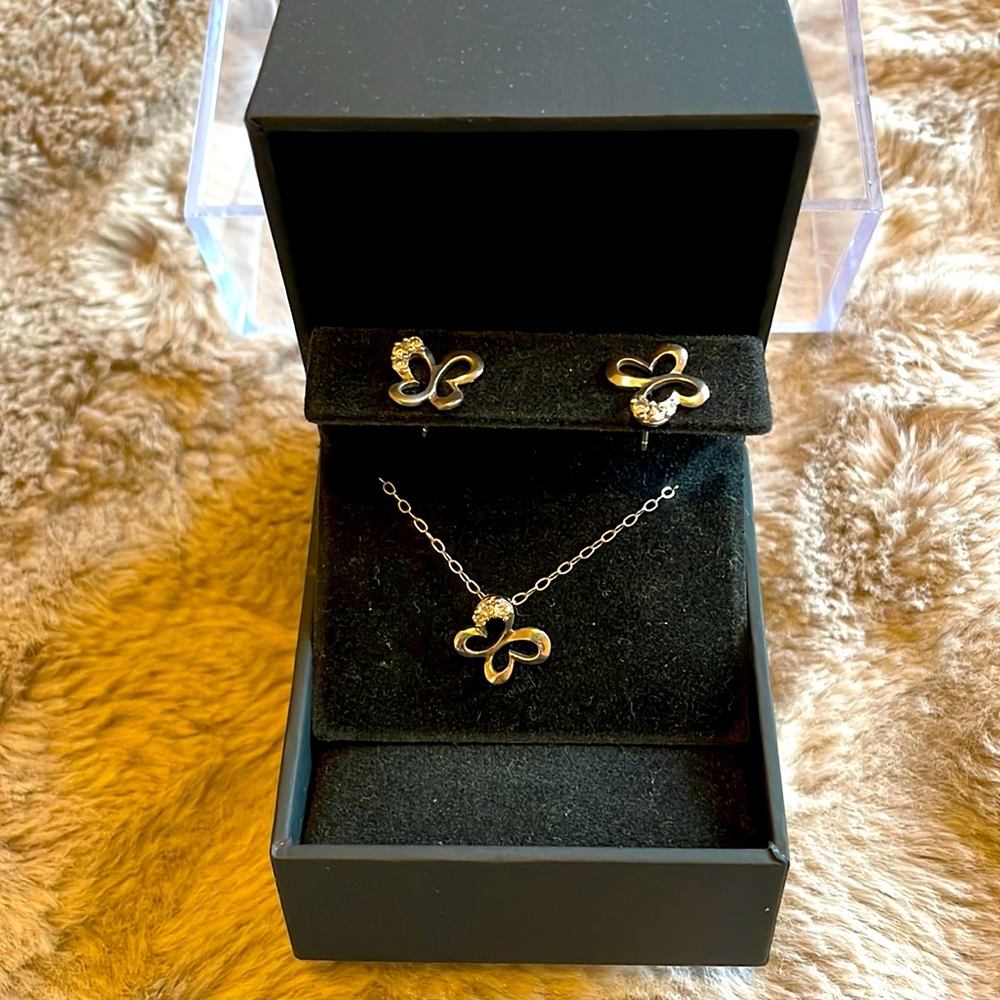 925 Sterling Silver Bejewelled Butterfly Earrings + 8” Necklace set | NWOT